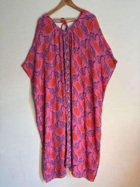 Anthropologie Kaftan in Fabulous Vibrant Pink, Orange, Blue! SZ S/M  100% Cotton